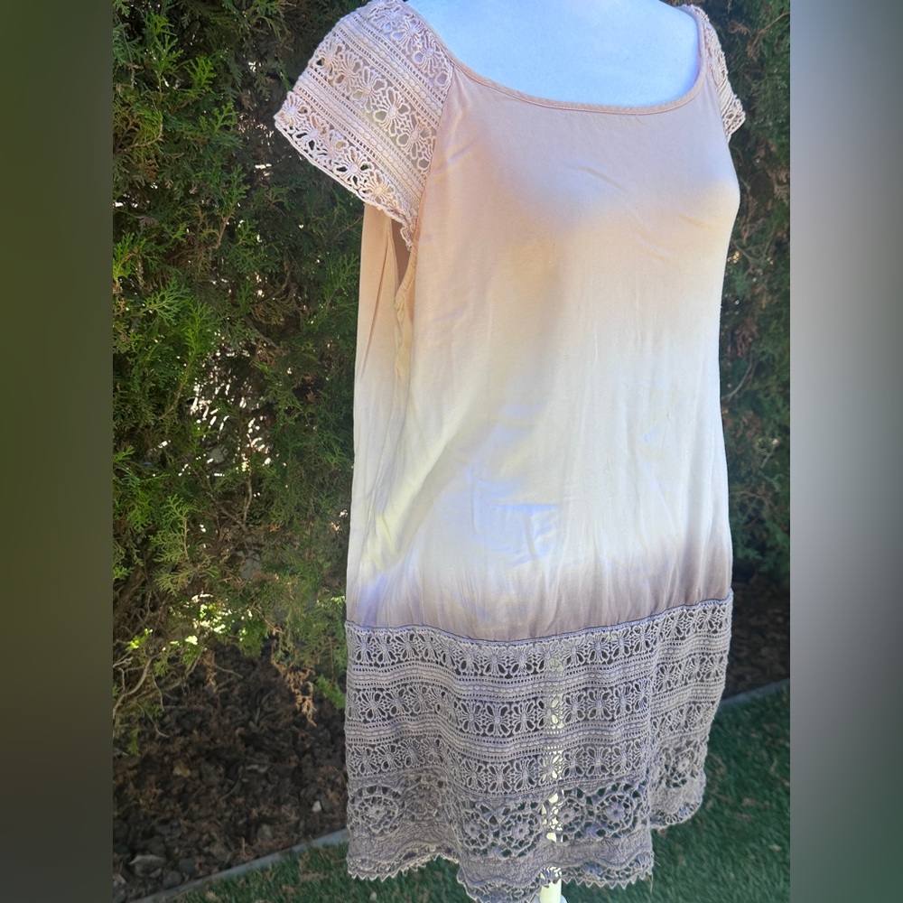 Women’s Mind Set by XCVI Beige Asymmetrical Scoop Neck Lace Trim Dress Size L - Picture 3 of 11